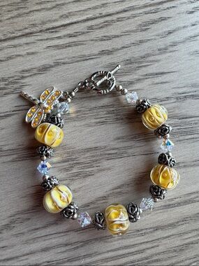 Yellow Glass Bead & Silver Rose Charm Bracelet